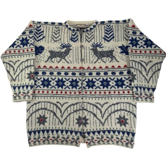 Vintage Dale of Norway Knit Cardigan Wool Christmas Reindeer Pattern Sweater - Picture 1 of 7